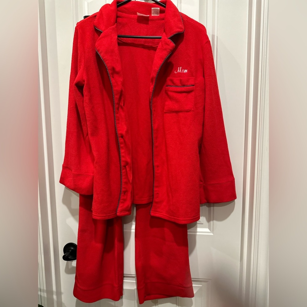 NWOT red fleece pajama set with “Mom” embroidered